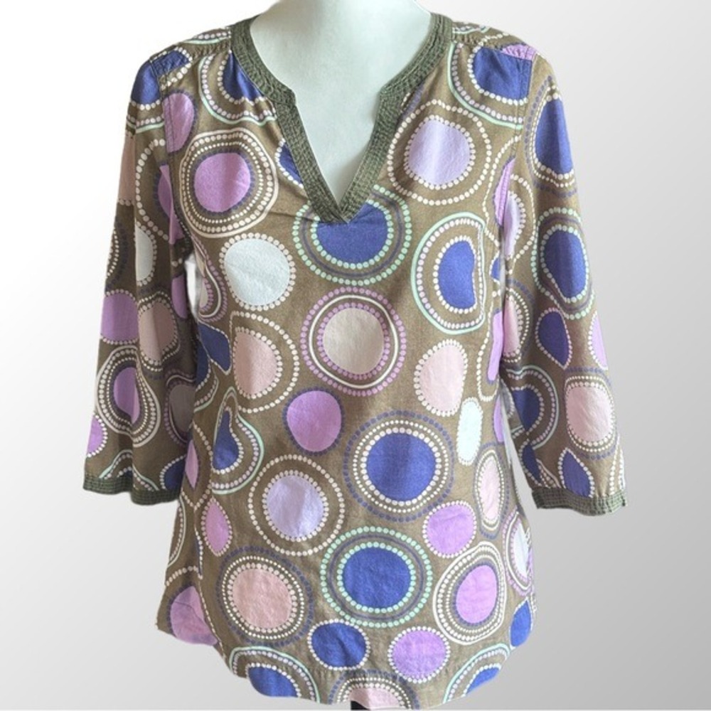 Boden Tunic Top Womens Size 4 Brown Purple‎ Geometric Circle Print 3/4 Sleeve
